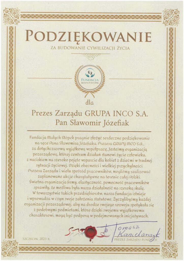 Podziękowanie dla GRUPA INCO S.A. - Fundacja Małych Stópek