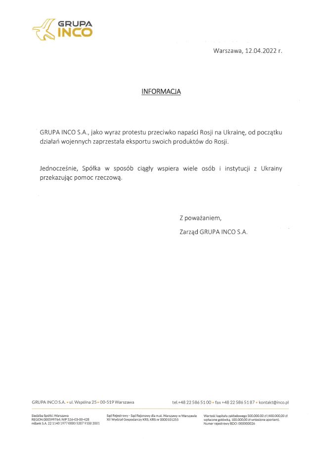 Oświadczenie o zaprzestaniu eksportu do Rosji59