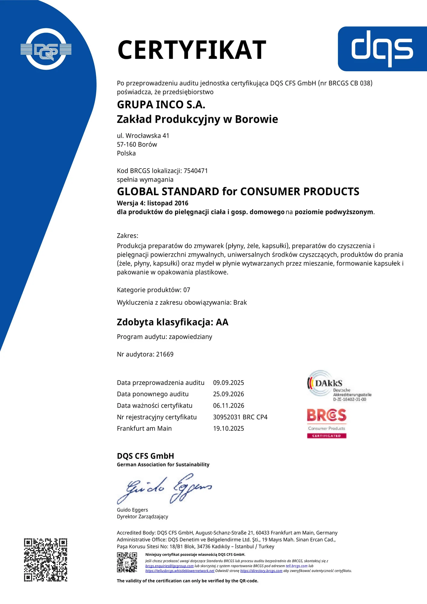 Skan certyfikatu BRC CP4 dla GRUPA INCO S.A. Zakład Produkcyjny w Borowie, wersja polska