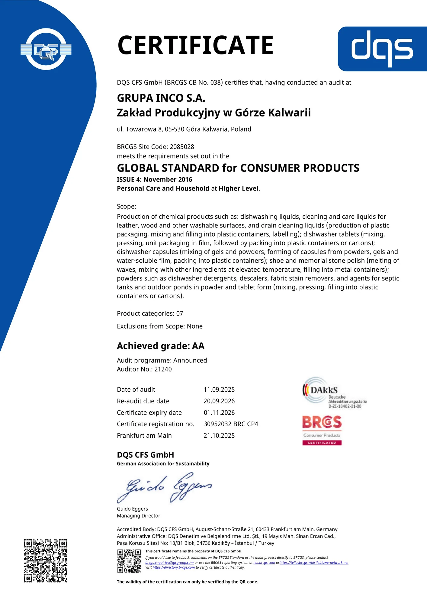 Skan certyfikatu BRC CP4 dla GRUPA INCO S.A. Zakład Produkcyjny w Górze Kalwarii, wersja angielska