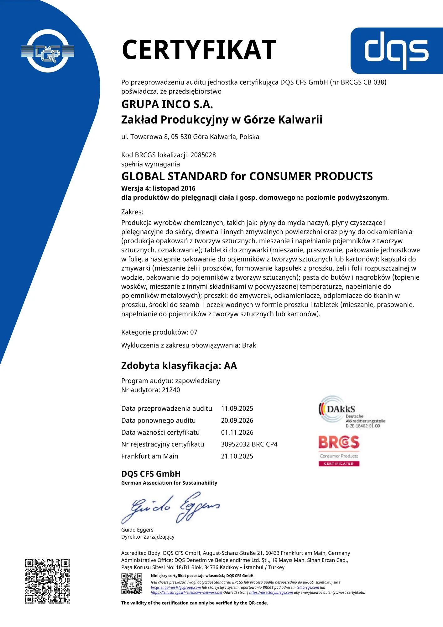 Skan certyfikatu BRC CP4 dla GRUPA INCO S.A. Zakład Produkcyjny w Górze Kalwarii, wersja polska