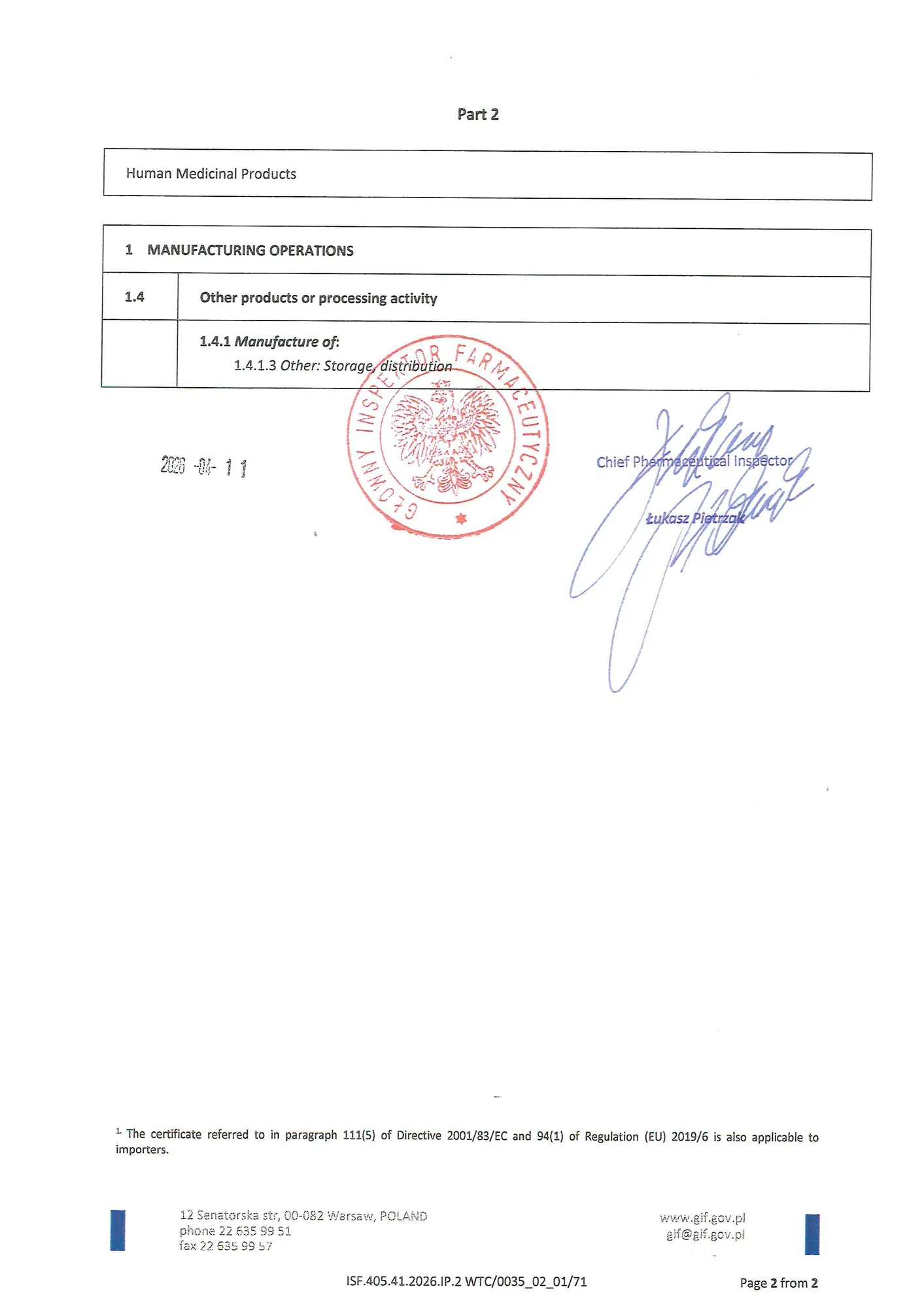 Skan certyfikatu GMP dla GRUPA INCO S.A. Magazyn Wyrobu Gotowego, wersja angielska, strona 2