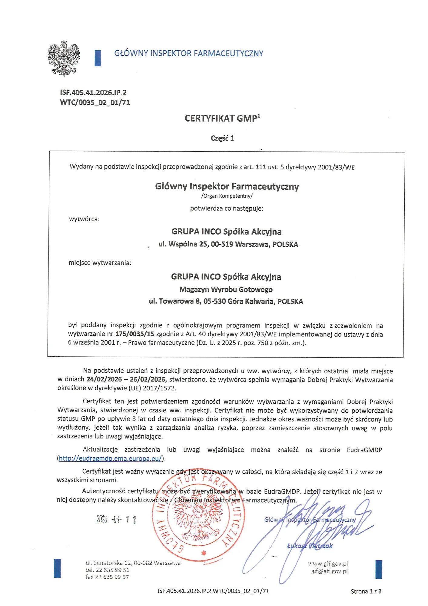 Skan certyfikatu GMP dla GRUPA INCO S.A. Magazyn Wyrobu Gotowego, wersja polska, strona 1