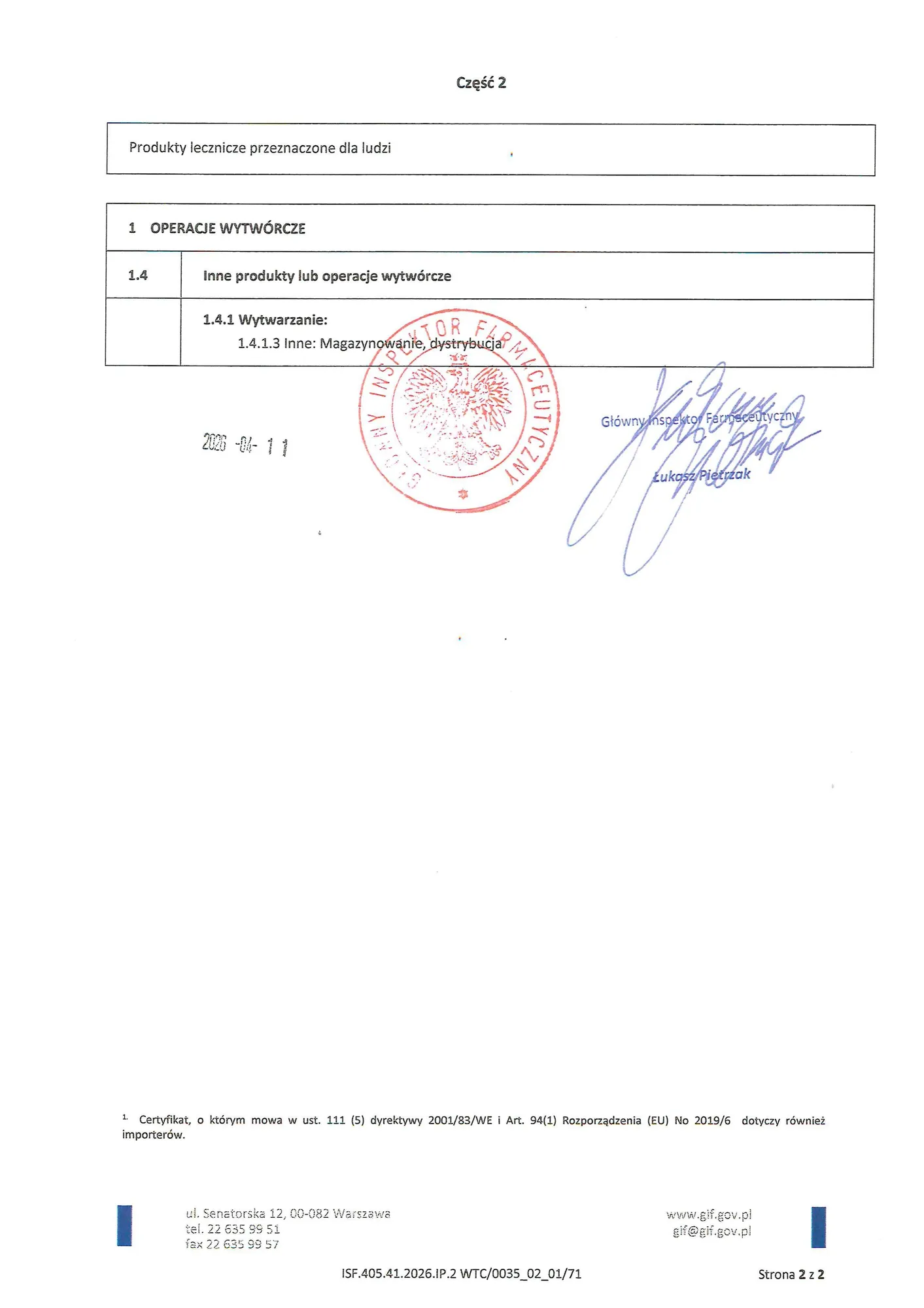 Skan certyfikatu GMP dla GRUPA INCO S.A. Magazyn Wyrobu Gotowego, wersja polska, strona 2