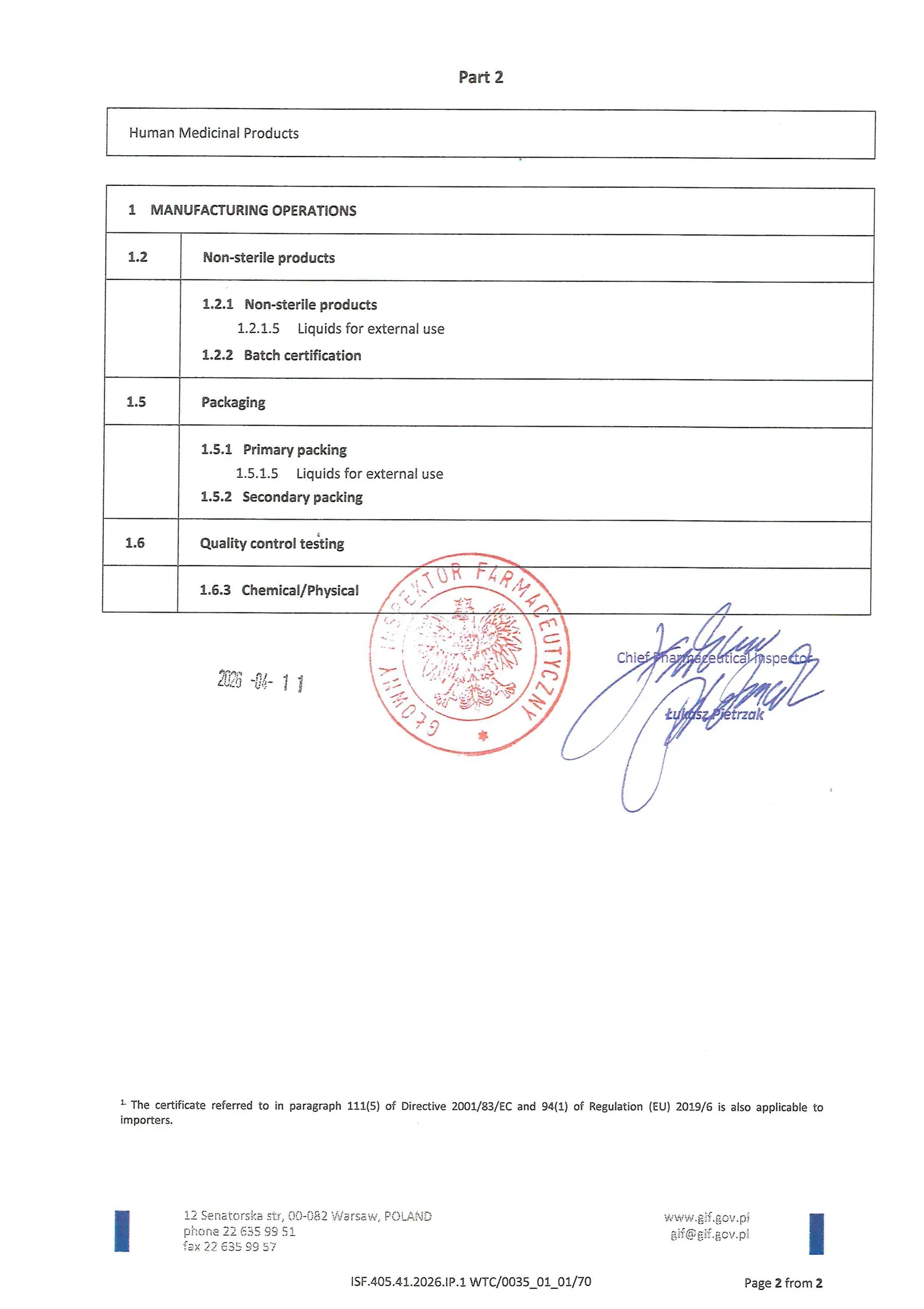 Skan certyfikatu GMP dla GRUPA INCO S.A. Wydział Produkcji Leków, wersja angielska, strona 2