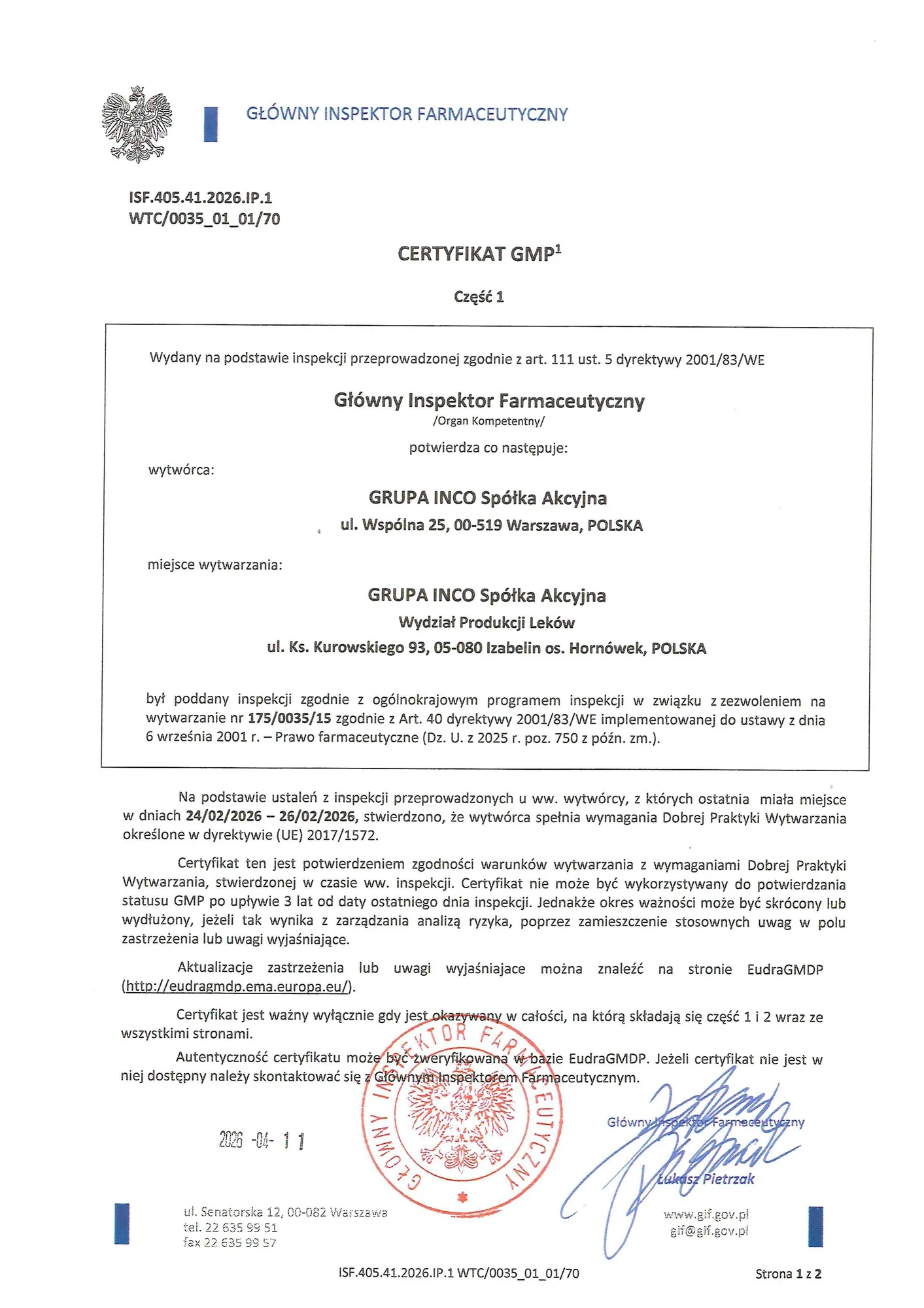 Skan certyfikatu GMP dla GRUPA INCO S.A. Wydział Produkcji Leków, wersja polska, strona 1