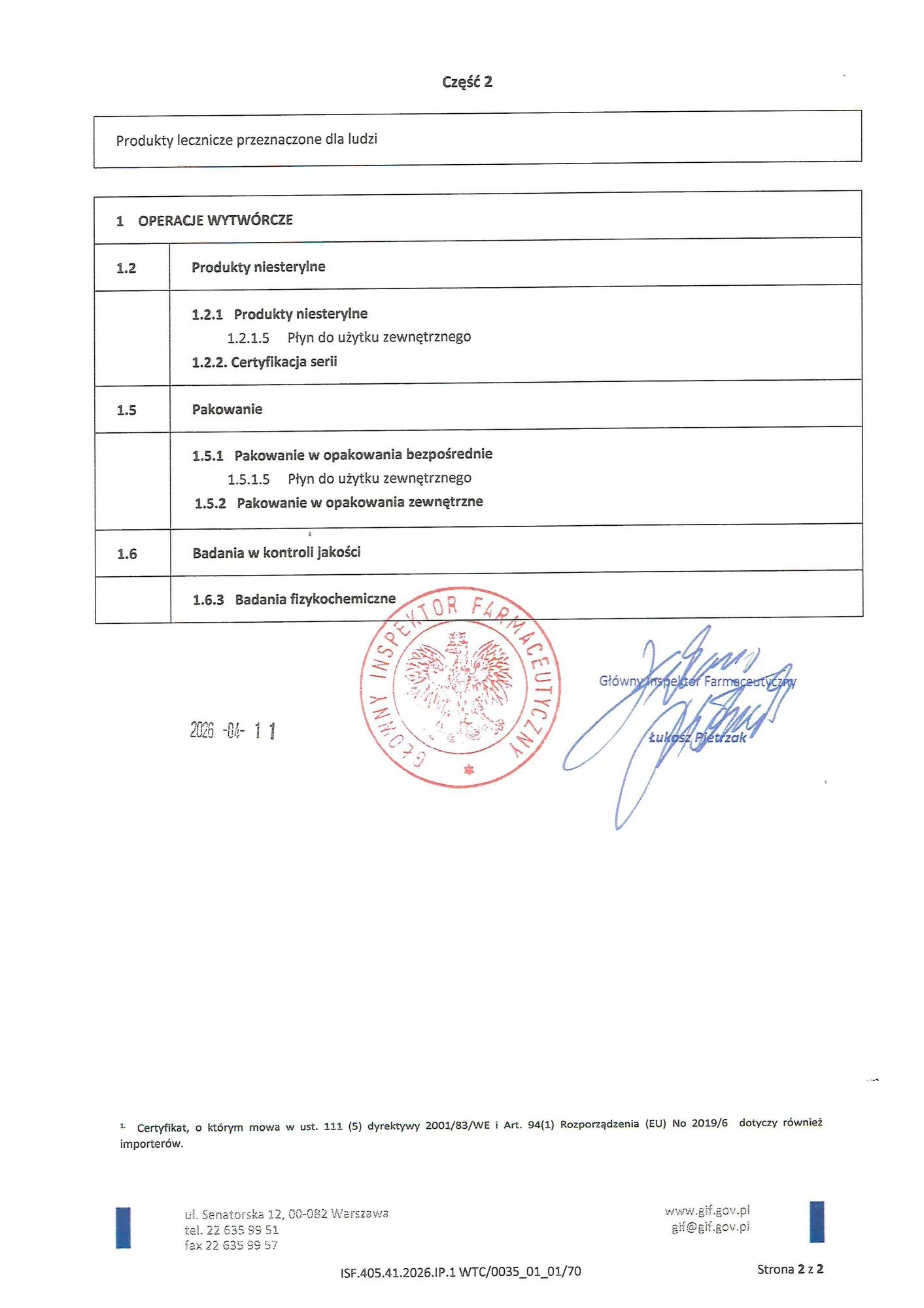 Skan certyfikatu GMP dla GRUPA INCO S.A. Wydział Produkcji Leków, wersja polska, strona 2