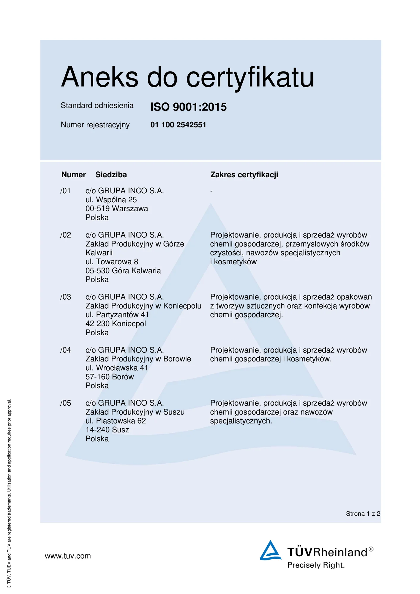 Skan aneksu do certyfikatu ISO 9001:2015 dla GRUPA INCO S.A., strona 1