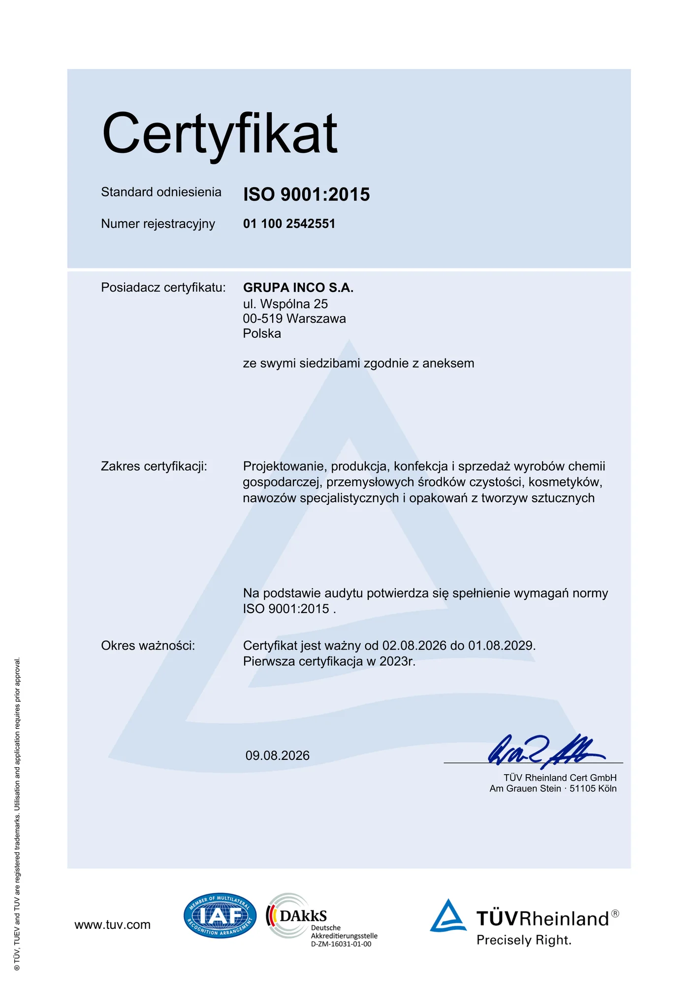 Skan certyfikatu ISO 9001:2015 dla GRUPA INCO S.A.