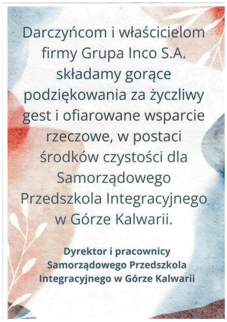 Podziękowanie dla GRUPA INCO S.A. - Samorządowe Przedszkole Integracyjne w Górze Kalwarii