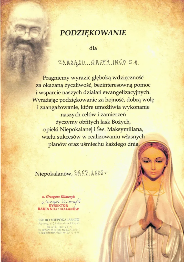 Podziękowanie dla GRUPA INCO S.A. - Radio Niepokalanów