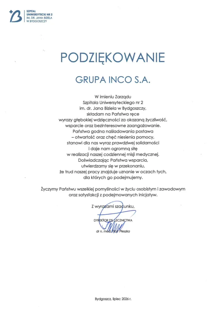 Podziękowanie dla GRUPA INCO S.A. - Szpital Uniwersytecki nr 2 im. dr. Jana Biziela w Bydgoszczy