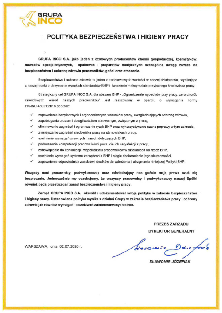 Skan dokumentu Polityka Bezpieczeństwa i Higieny Pracy GRUPA INCO S.A.
