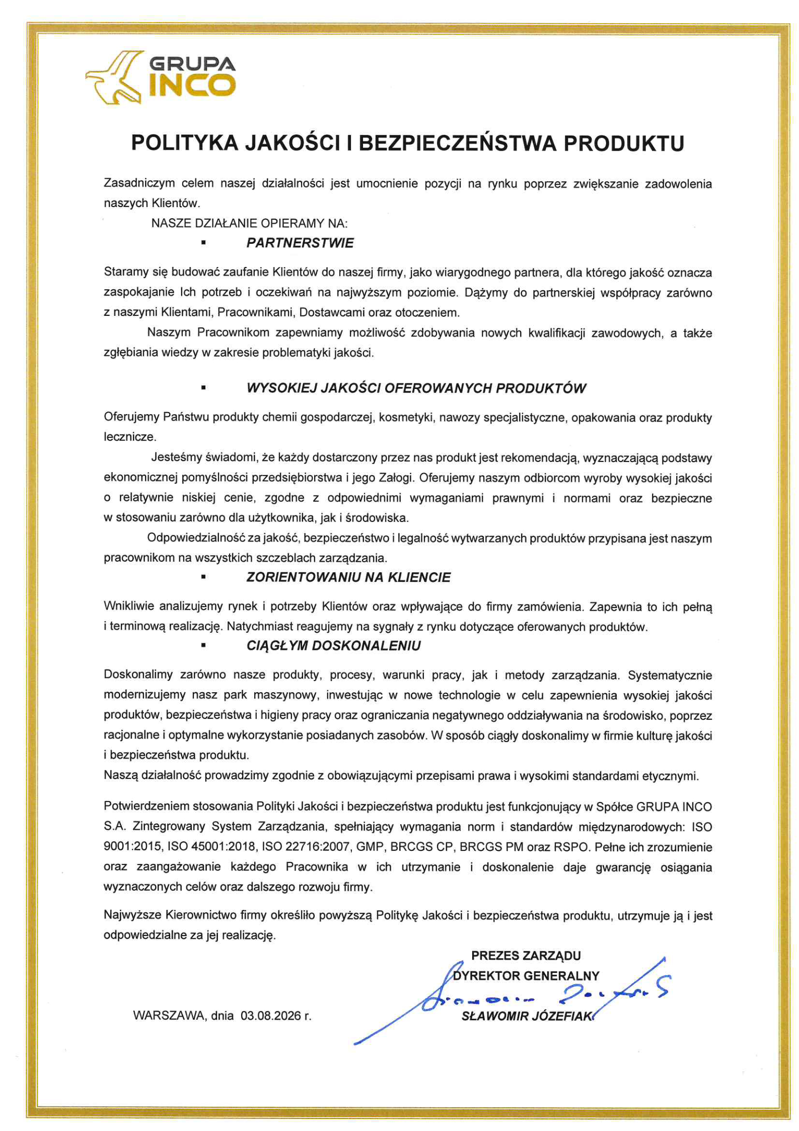 Skan dokumentu Polityka Jakości GRUPA INCO S.A.